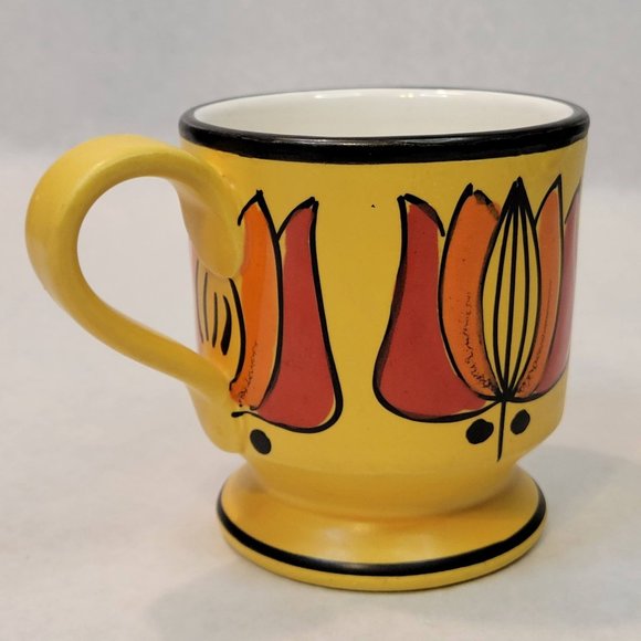 Vintage Mug Hand Painted Mustard Yellow with Orange flowers Tulips Primitive - Picture 2 of 5